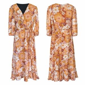 Maxi Dress Faux Wrap Peach Sz M Ruffles Asymmetrical Hem Feminine Chiffon Spring